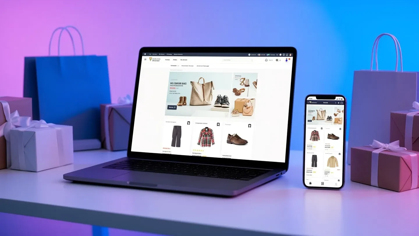 Exemplo de loja virtual exibida em notebook e celular